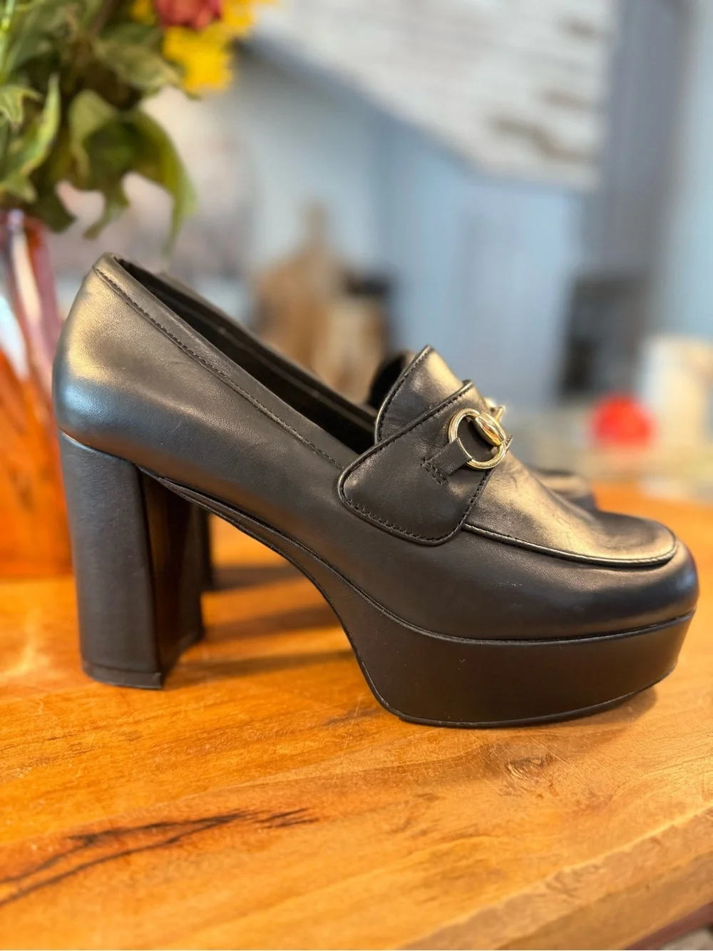 Steve Madden Cinderella Black Leather Platform Loafers with Gold Hardware